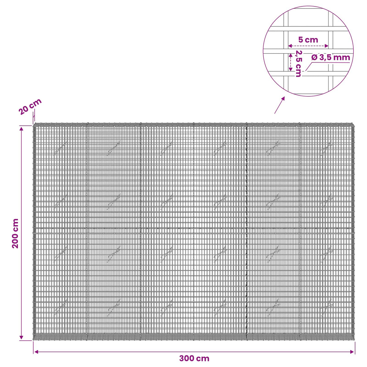 vidaXL Gabion with 3.5 mm Wire and 5x2.5 cm Mesh 300x20x200 cm 6