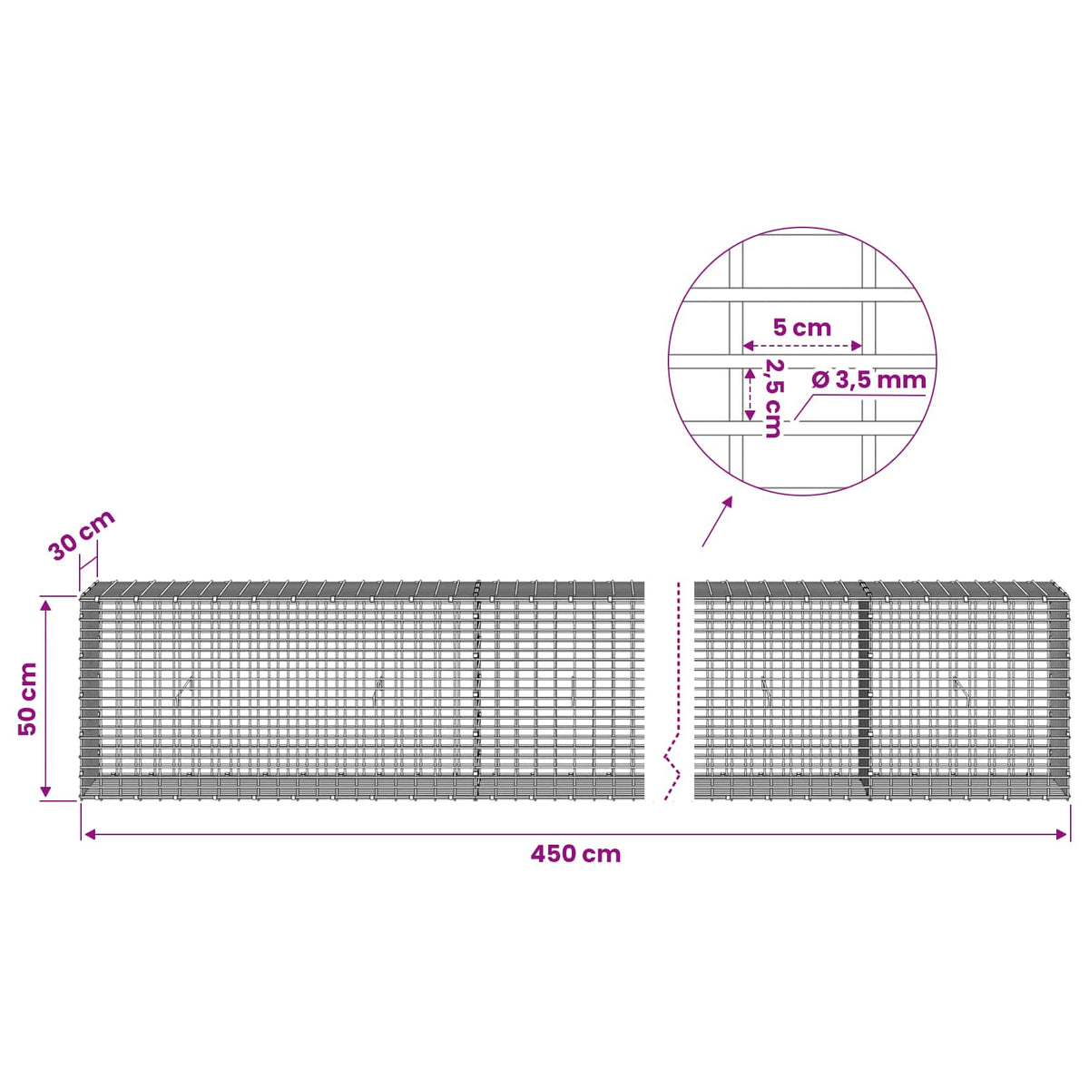 vidaXL Gabion with 3.5 mm Wire and 5x2.5 cm Mesh 450x30x50 cm 6