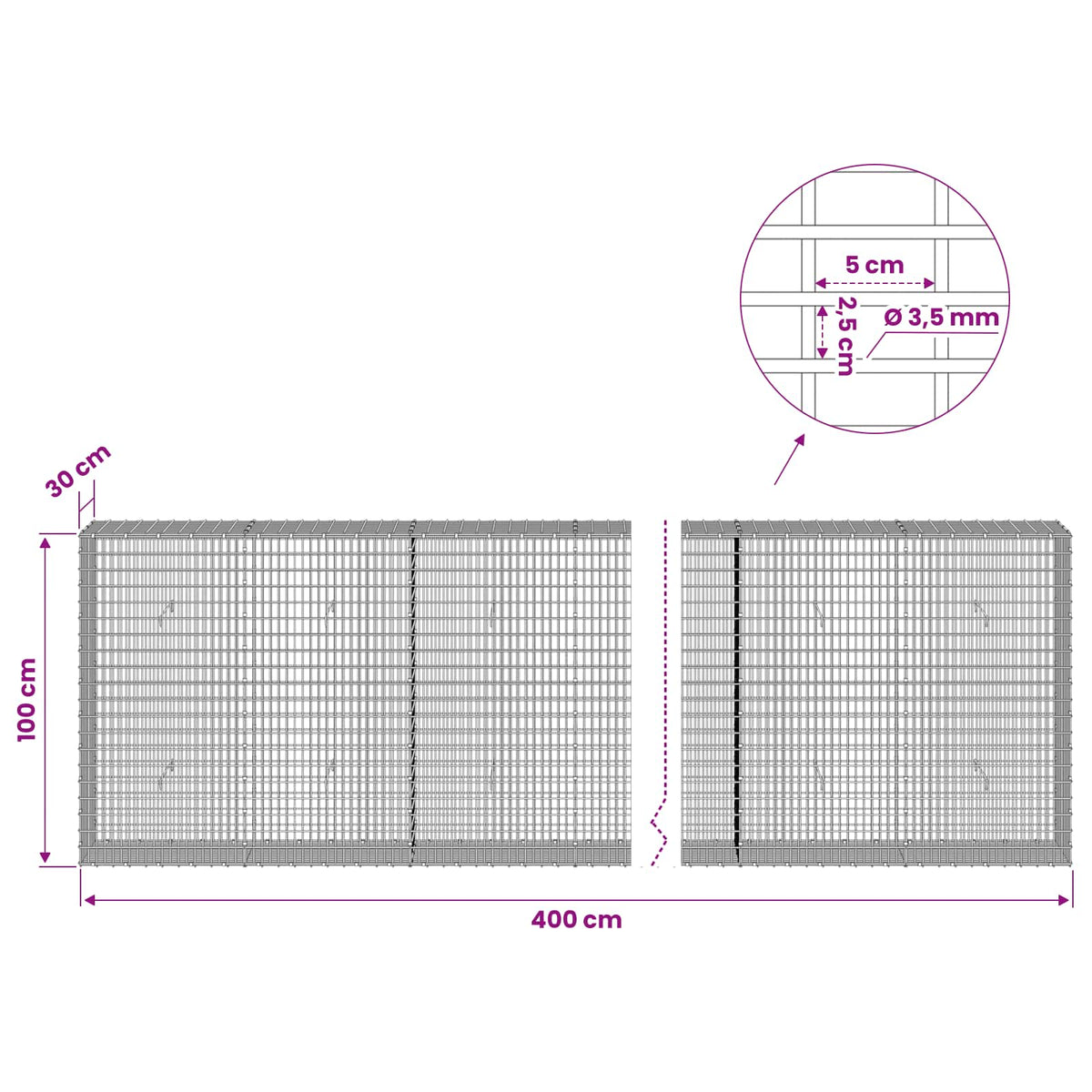 vidaXL Gabion with 3.5 mm Wire and 5x2.5 cm Mesh 400x30x100 cm 6