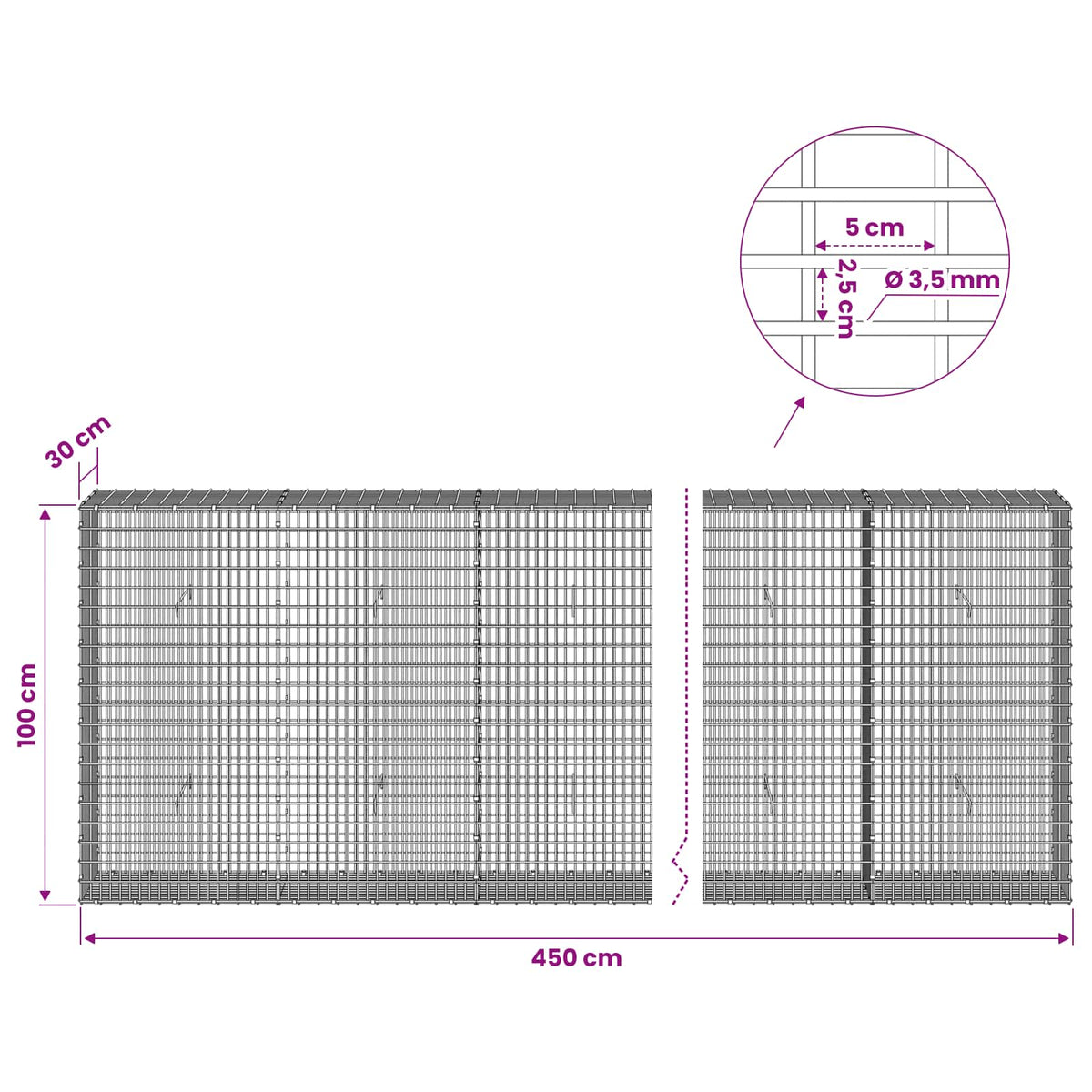vidaXL Gabion with 3.5 mm Wire and 5x2.5 cm Mesh 450x30x100 cm 6