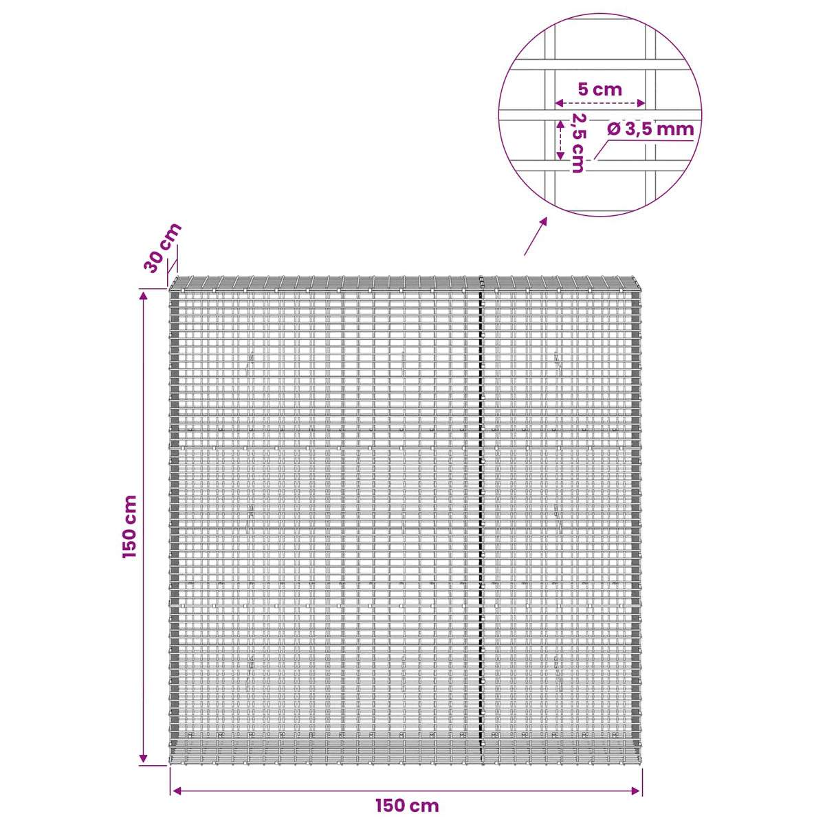 vidaXL Gabion with 3.5 mm Wire and 5x2.5 cm Mesh 150x30x150 cm 6