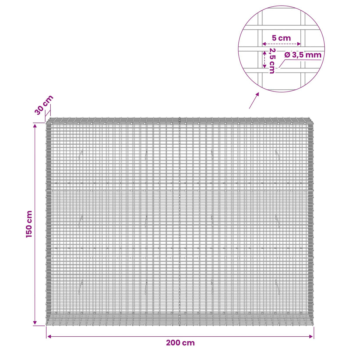 vidaXL Gabion with 3.5 mm Wire and 5x2.5 cm Mesh 200x30x150 cm 6