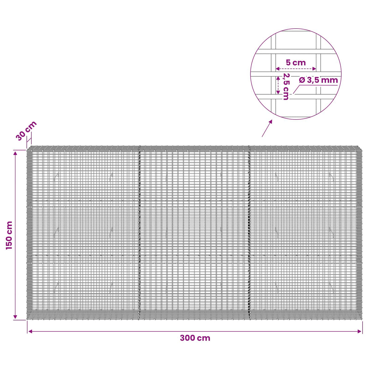 vidaXL Gabion with 3.5 mm Wire and 5x2.5 cm Mesh 300x30x150 cm 6