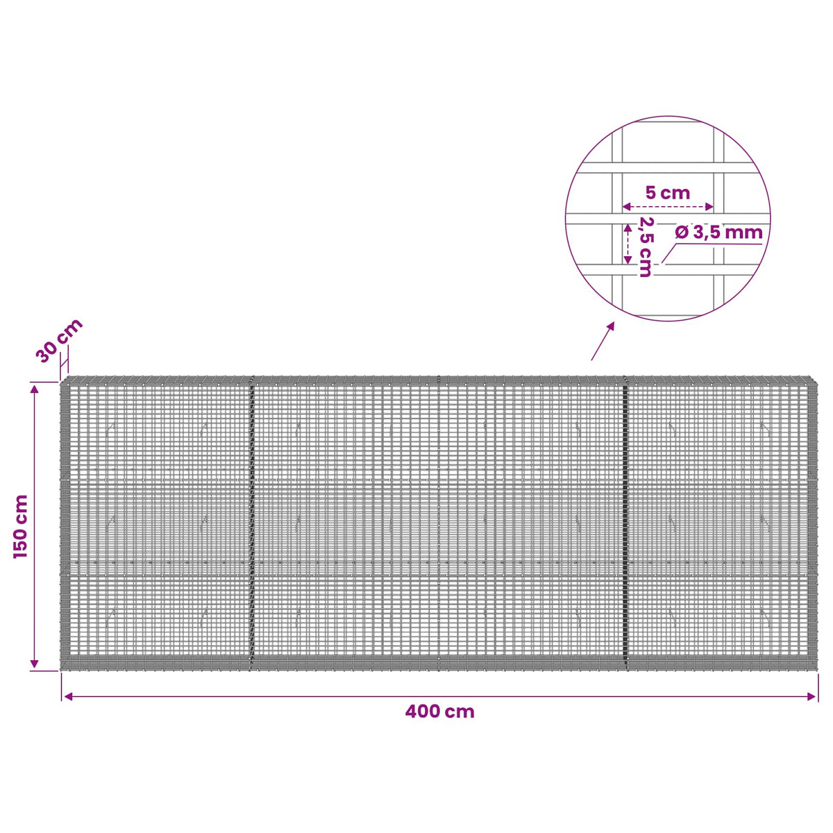 vidaXL Gabion with 3.5 mm Wire and 5x2.5 cm Mesh 400x30x150 cm 6