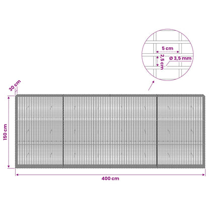 vidaXL Gabion with 3.5 mm Wire and 5x2.5 cm Mesh 400x30x150 cm 6