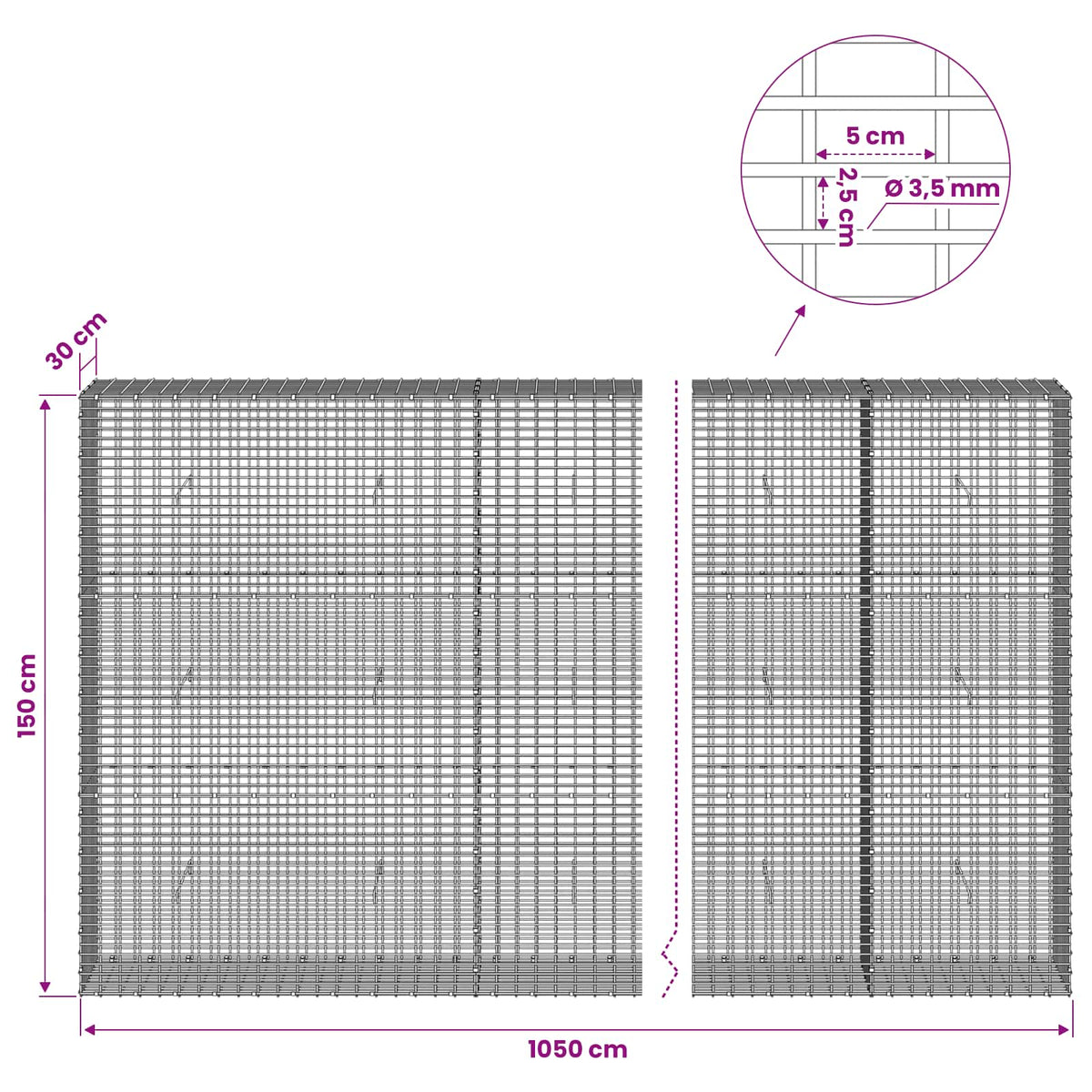 Gabion with 3.5 mm Wire and 5x2.5 cm Mesh 1050x30x150 cm 1050 cm