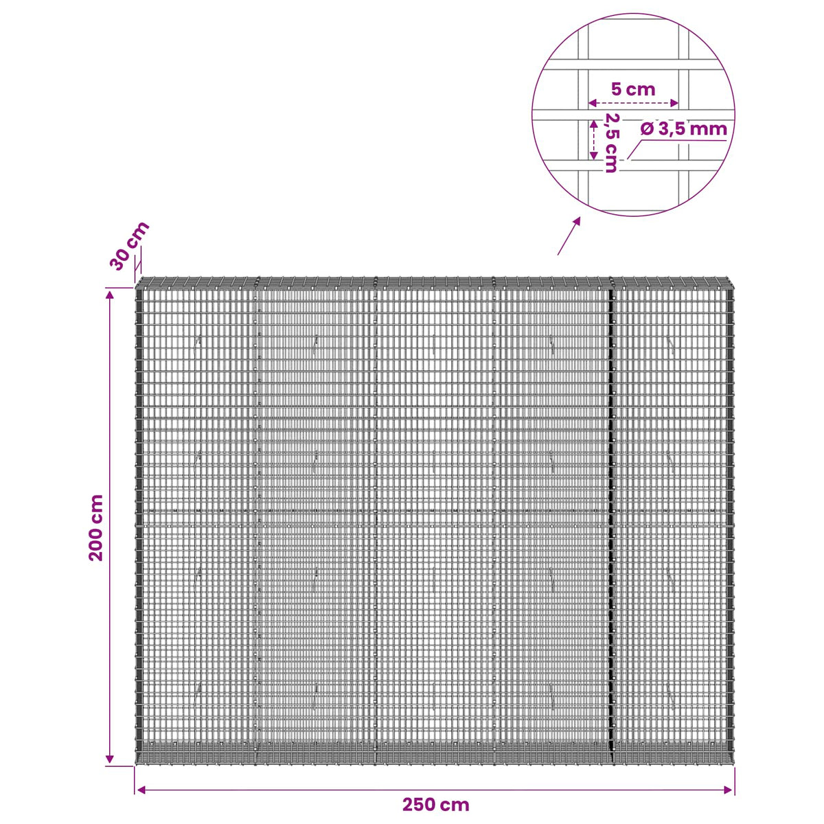 vidaXL Gabion with 3.5 mm Wire and 5x2.5 cm Mesh 250x30x200 cm 6