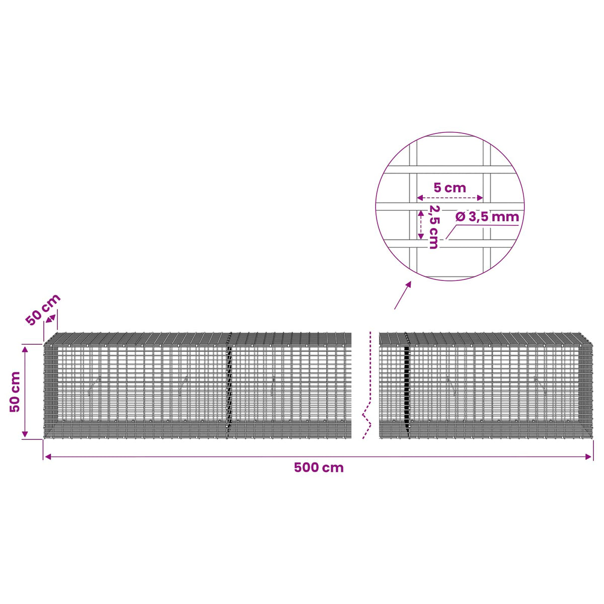 vidaXL Gabion with 3.5 mm Wire and 5x2.5 cm Mesh 500x50x50 cm 6