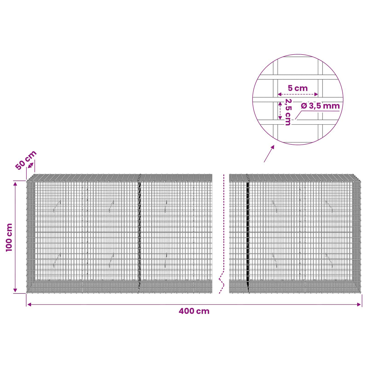 vidaXL Gabion with 3.5 mm Wire and 5x2.5 cm Mesh 400x50x100 cm 6