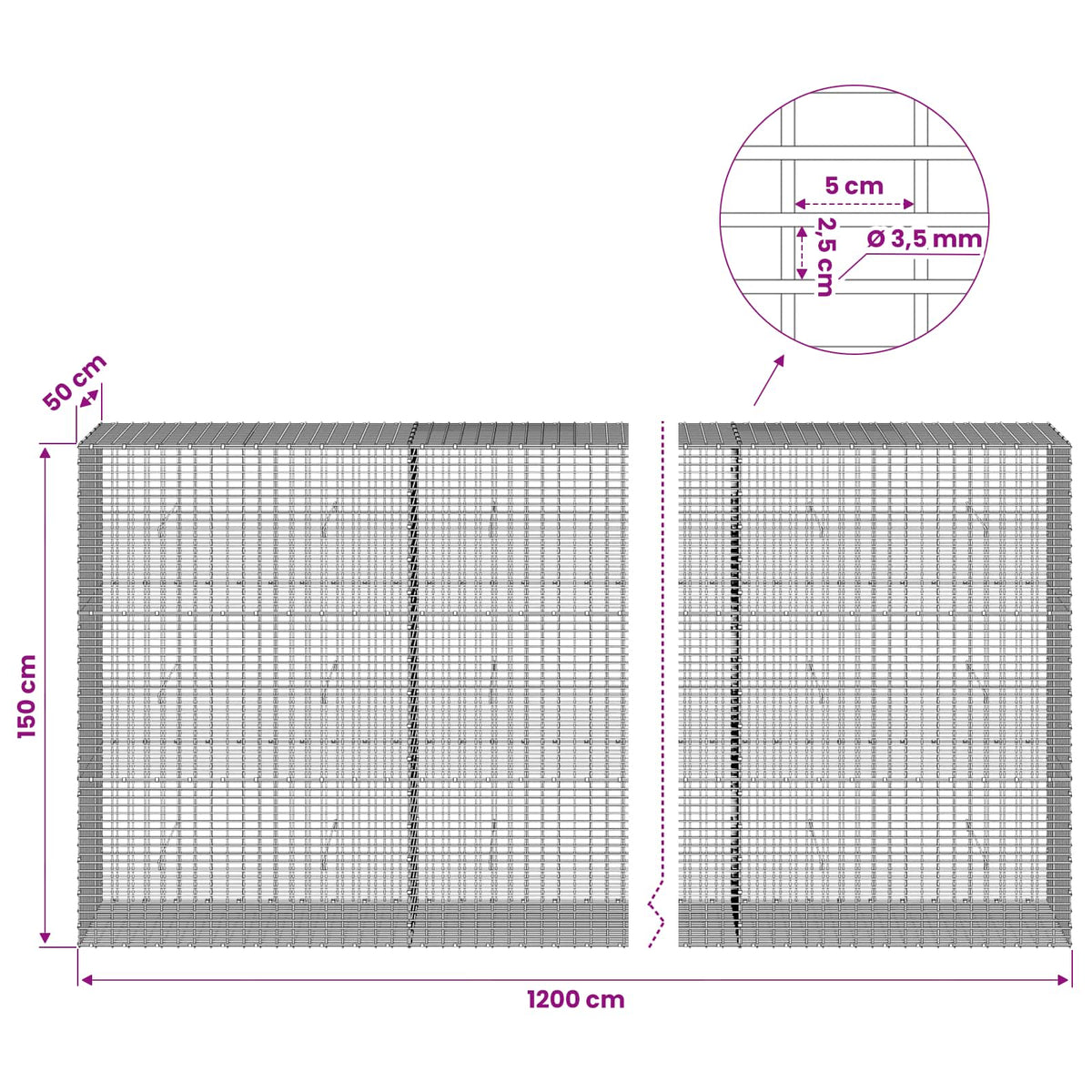 Gabion with 3.5 mm Wire and 5x2.5 cm Mesh 1050x50x150 cm 1200 cm