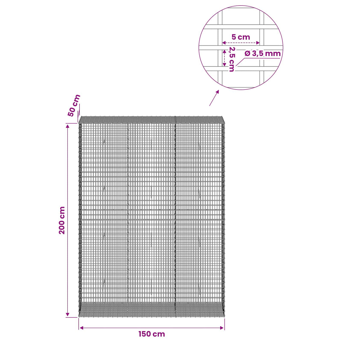 vidaXL Gabion with 3.5 mm Wire and 5x2.5 cm Mesh 150x50x200 cm 6