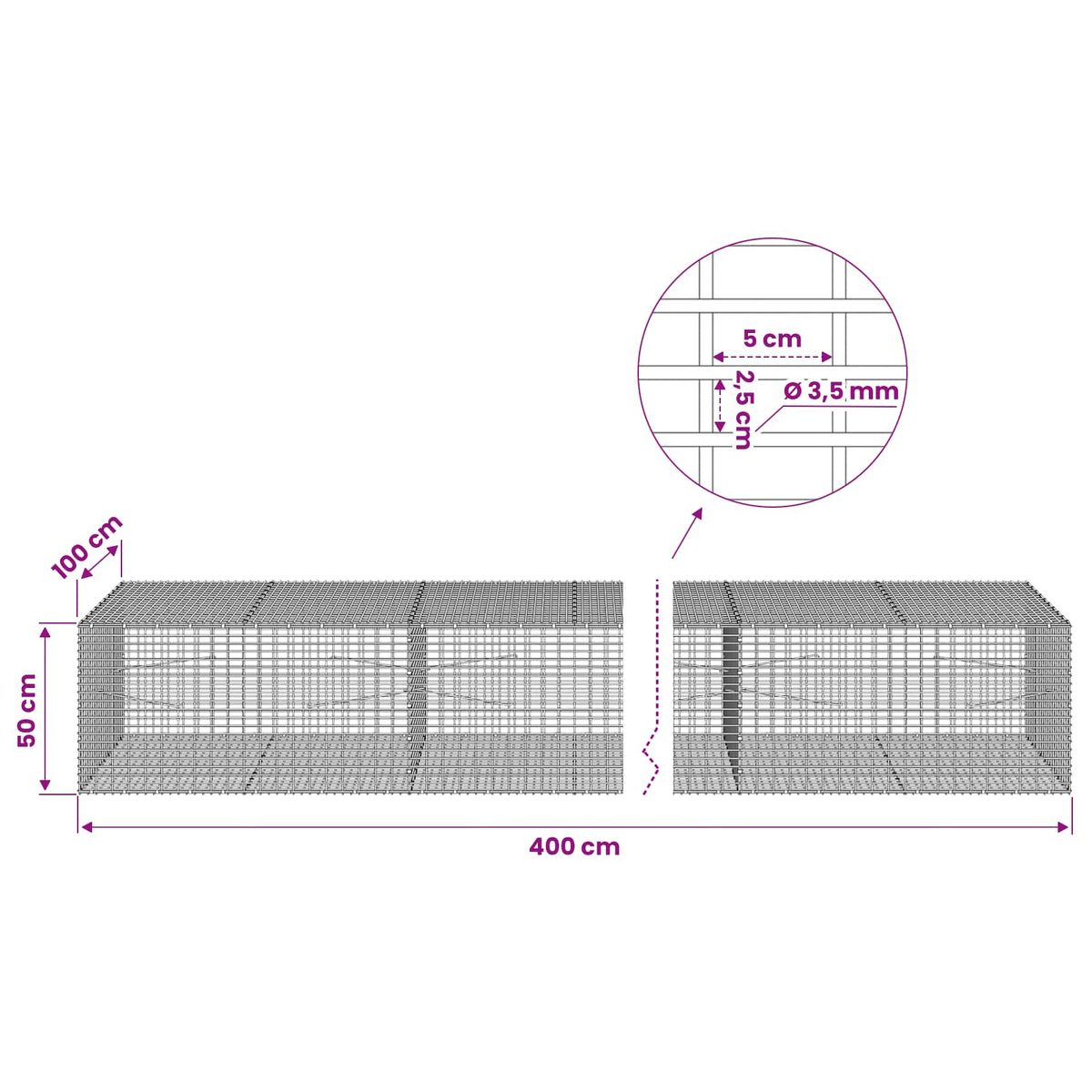 vidaXL Gabion with 3.5 mm Wire and 5x2.5 cm Mesh 400x100x50 cm 6