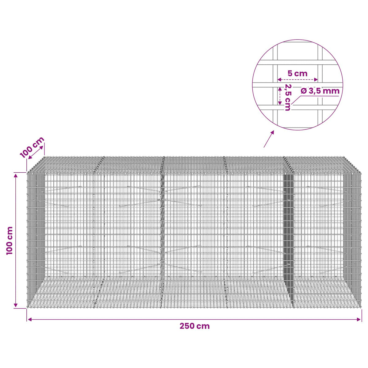 vidaXL Gabion with 3.5 mm Wire and 5x2.5 cm Mesh 250x100x100 cm 6