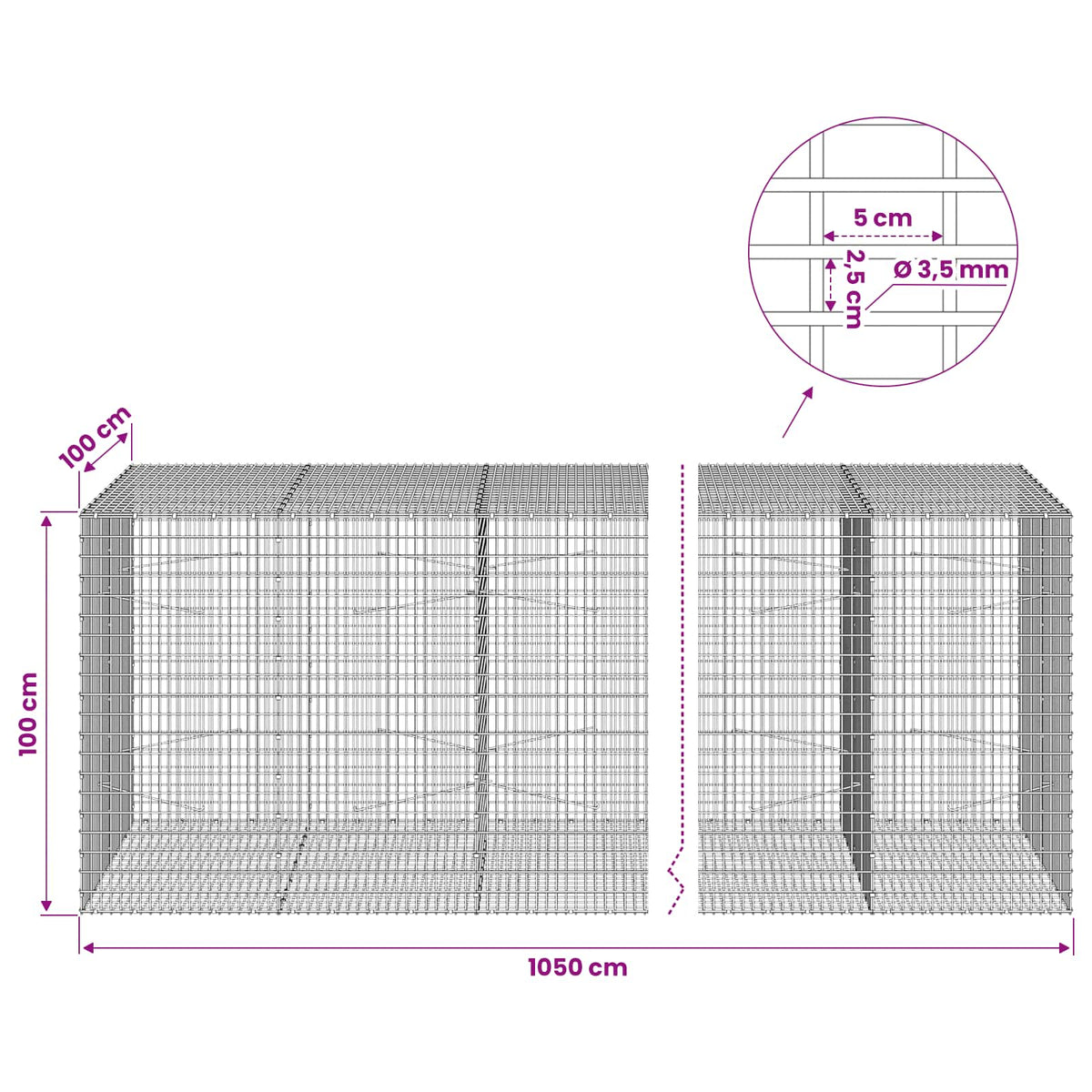 Gabion with 3.5 mm Wire and 5x2.5 cm Mesh 1050x100x100 cm 1050 cm