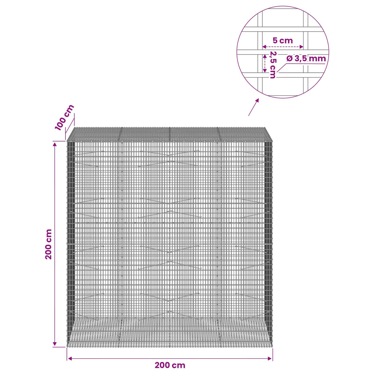 vidaXL Gabion with 3.5 mm Wire and 5x2.5 cm Mesh 200x100x200 cm 6