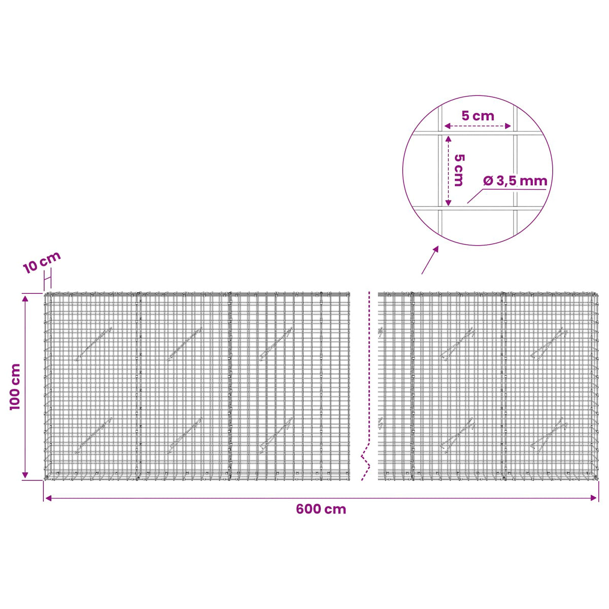 vidaXL Gabion with 3.5 mm Wire and 5x5 cm Mesh 600x10x100 cm 6
