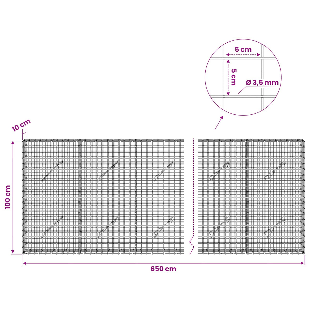 vidaXL Gabion with 3.5 mm Wire and 5x5 cm Mesh 650x10x100 cm 6