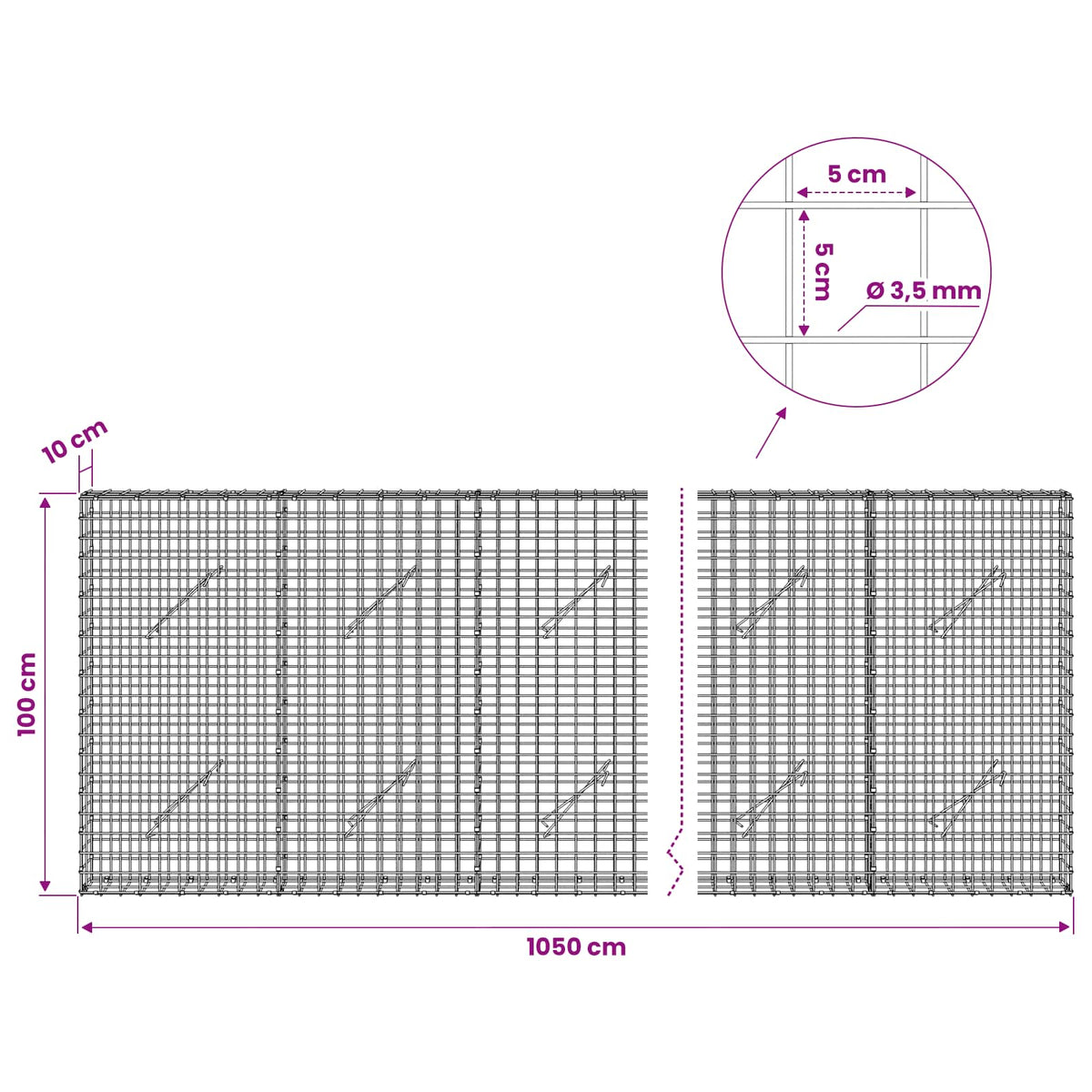 Gabion with 3.5 mm Wire and 5x5 cm Mesh 1050x10x100 cm 1050 cm