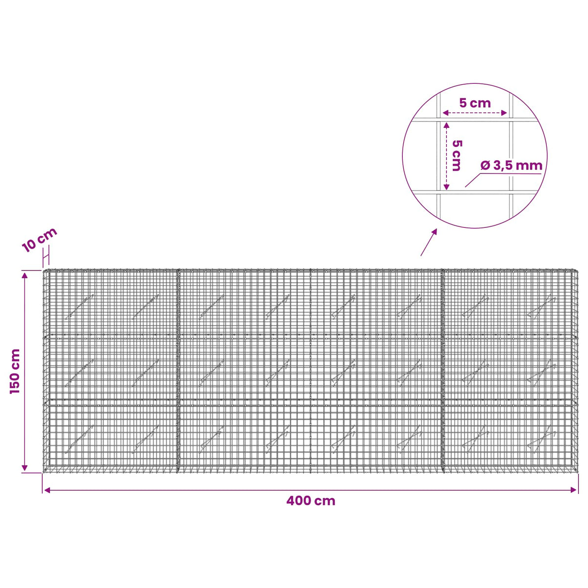 vidaXL Gabion with 3.5 mm Wire and 5x5 cm Mesh 400x10x150 cm 6