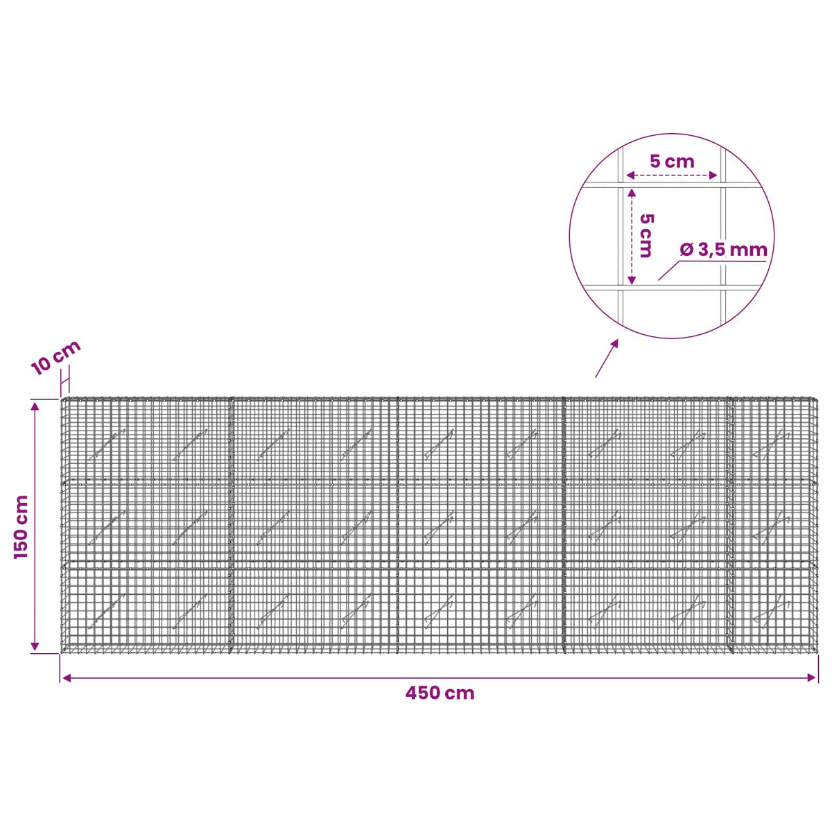 vidaXL Gabion with 3.5 mm Wire and 5x5 cm Mesh 450x10x150 cm 6