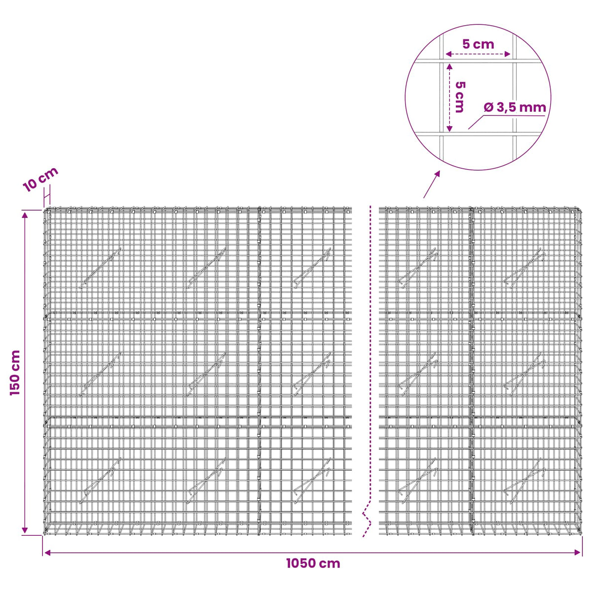 Gabion with 3.5 mm Wire and 5x5 cm Mesh 1050x10x150 cm 1050 cm