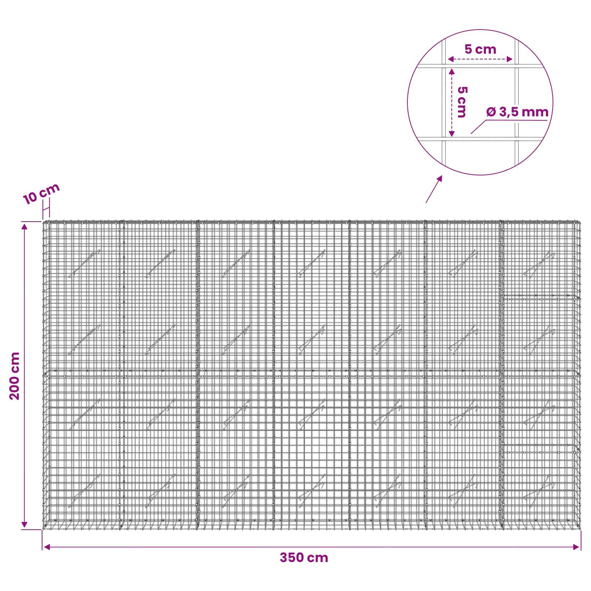 vidaXL Gabion with 3.5 mm Wire and 5x5 cm Mesh 350x10x200 cm 6