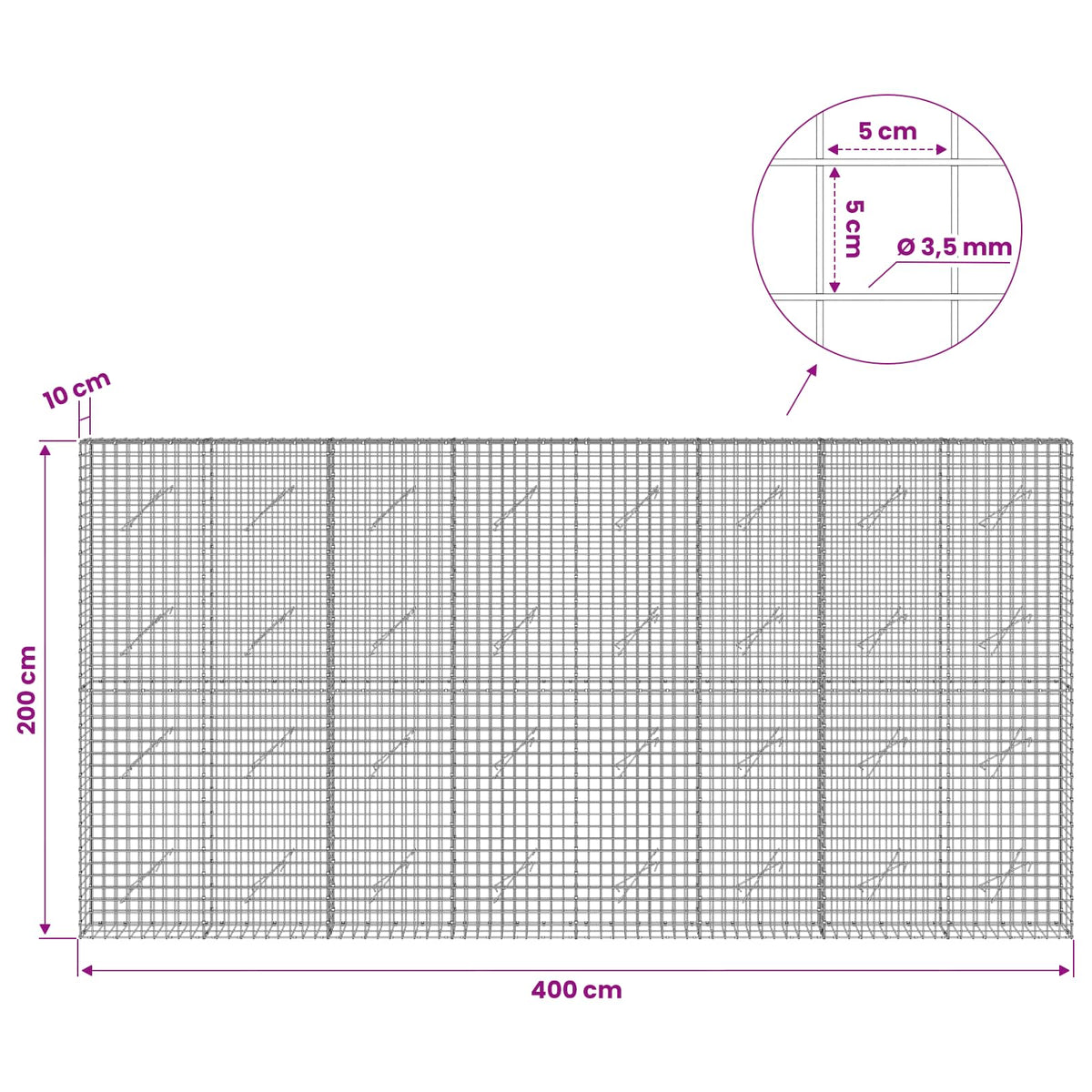 vidaXL Gabion with 3.5 mm Wire and 5x5 cm Mesh 400x10x200 cm 6