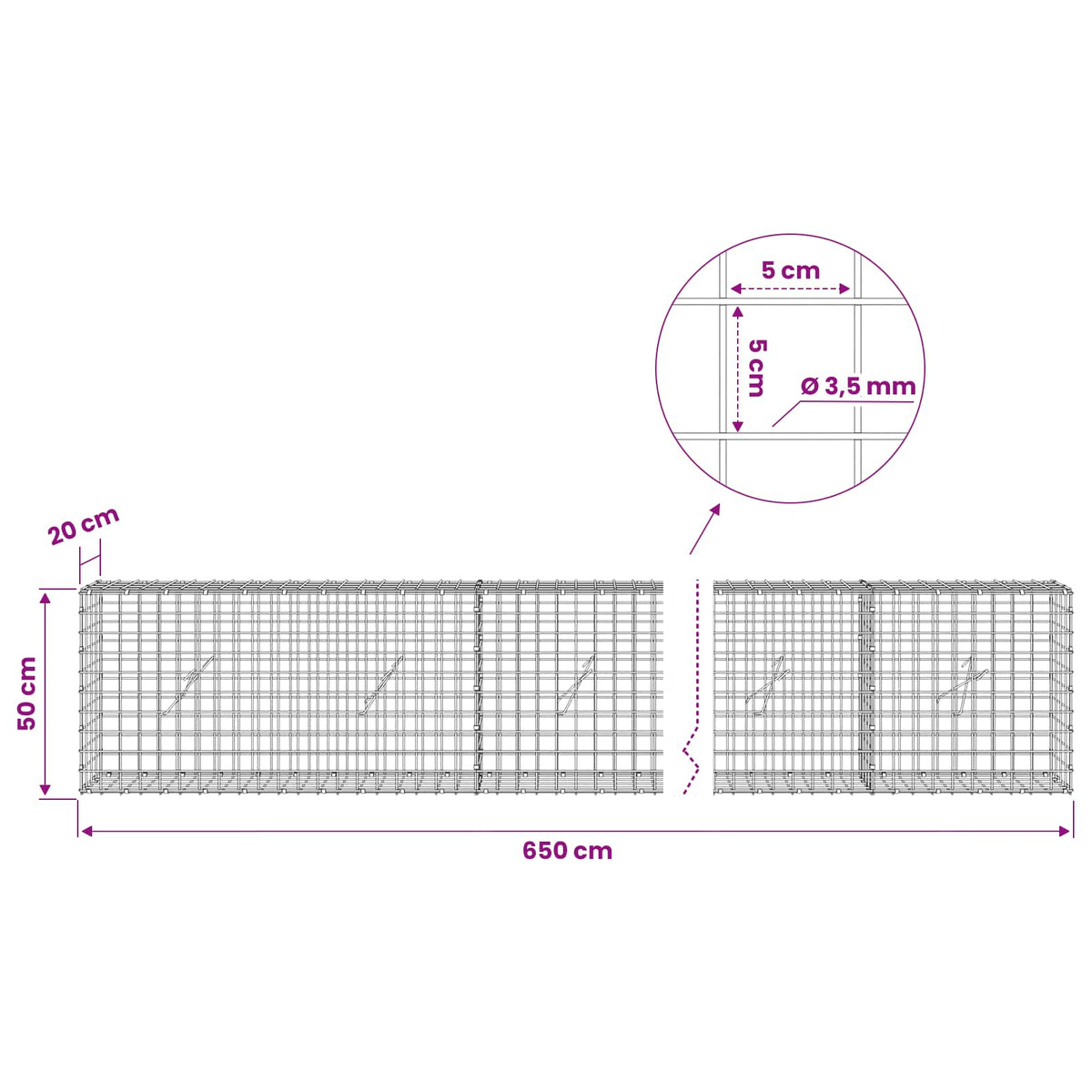 vidaXL Gabion with 3.5 mm Wire and 5x5 cm Mesh 650x20x50 cm 6