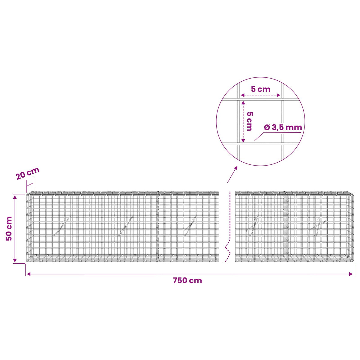 vidaXL Gabion with 3.5 mm Wire and 5x5 cm Mesh 750x20x50 cm 6