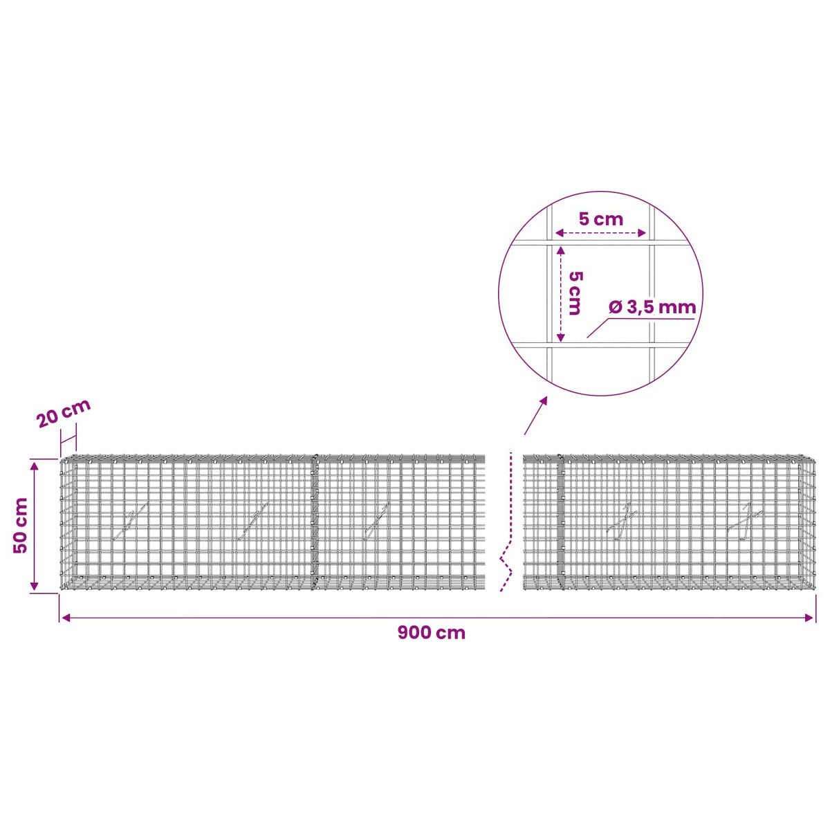 vidaXL Gabion with 3.5 mm Wire and 5x5 cm Mesh 900x20x50 cm 6