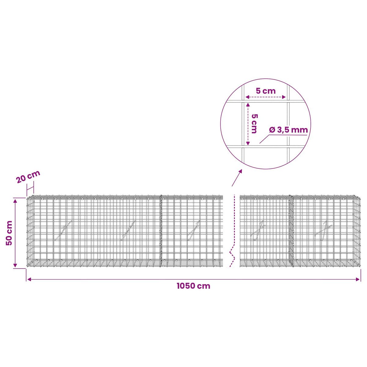 vidaXL Gabion with 3.5 mm Wire and 5x5 cm Mesh 1050x20x50 cm 6