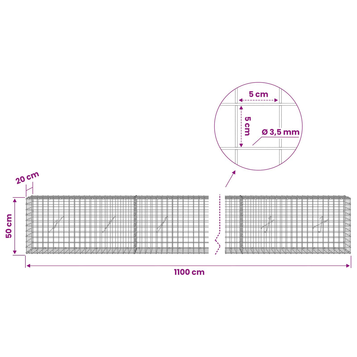 vidaXL Gabion with 3.5 mm Wire and 5x5 cm Mesh 1100x20x50 cm 6