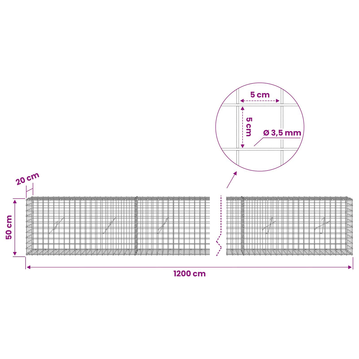 vidaXL Gabion with 3.5 mm Wire and 5x5 cm Mesh 1200x20x50 cm 6