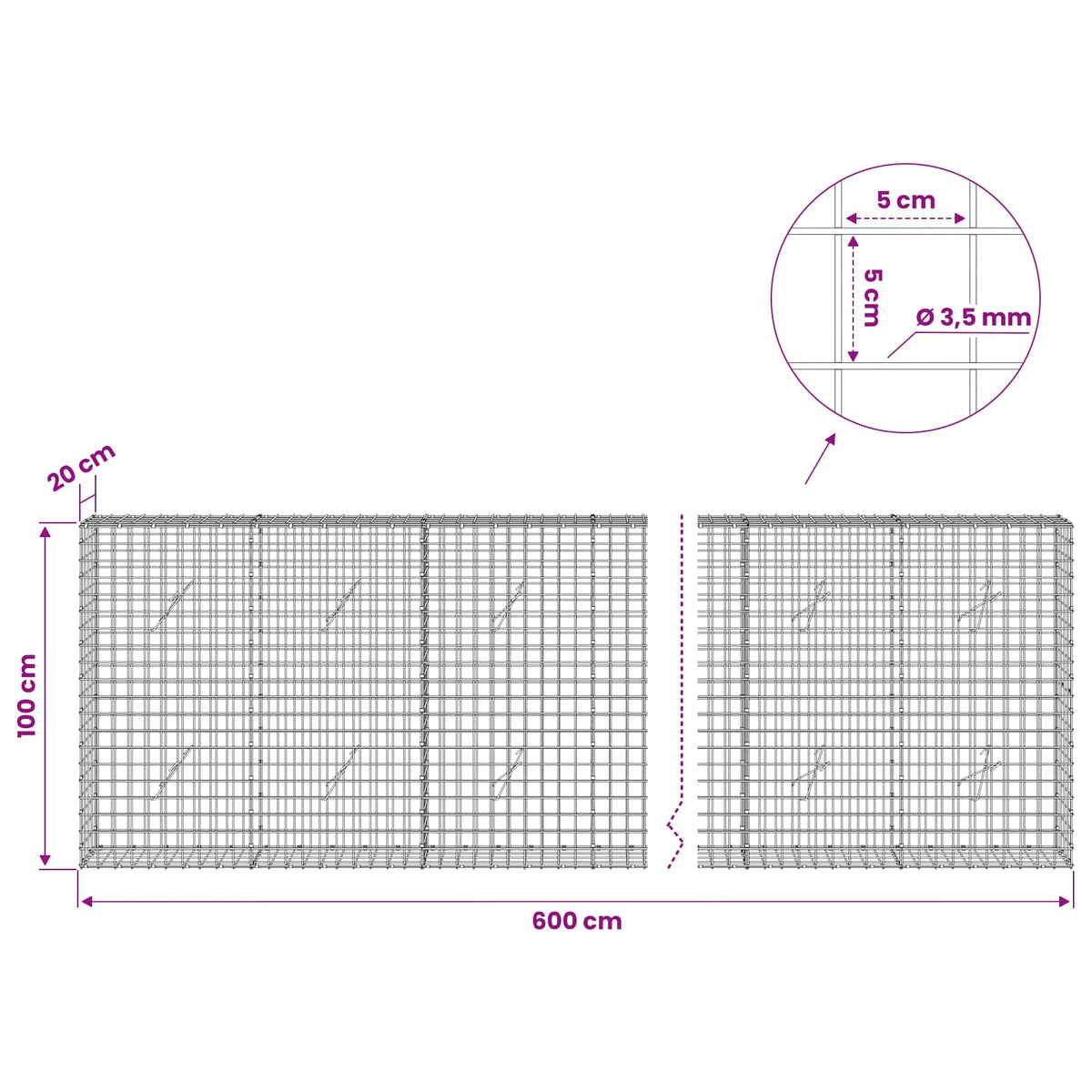vidaXL Gabion with 3.5 mm Wire and 5x5 cm Mesh 600x20x100 cm 6