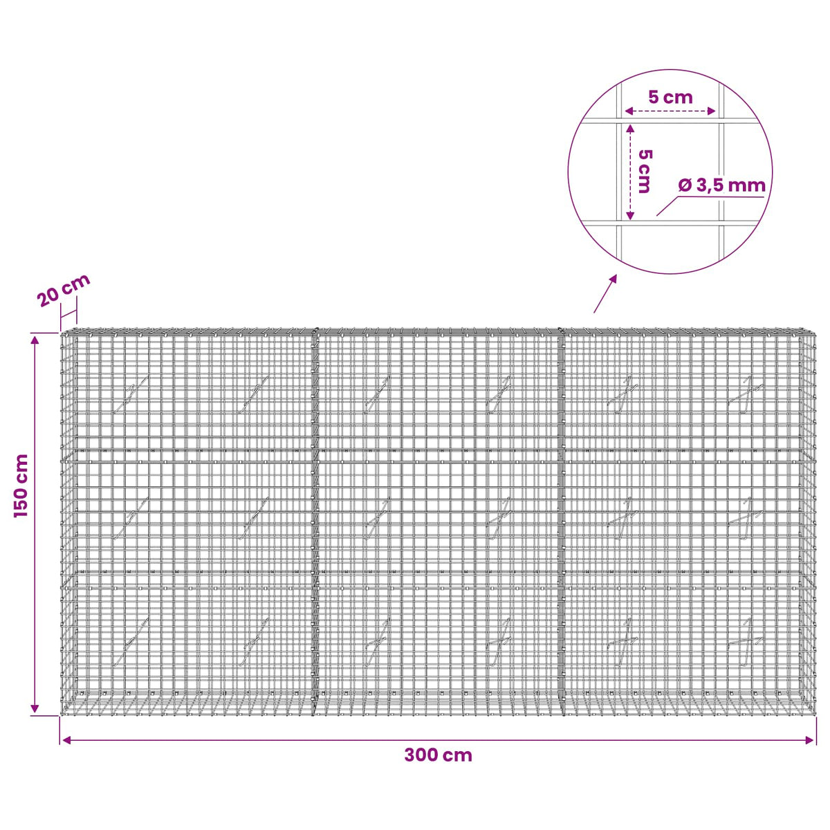 vidaXL Gabion with 3.5 mm Wire and 5x5 cm Mesh 300x20x150 cm 6