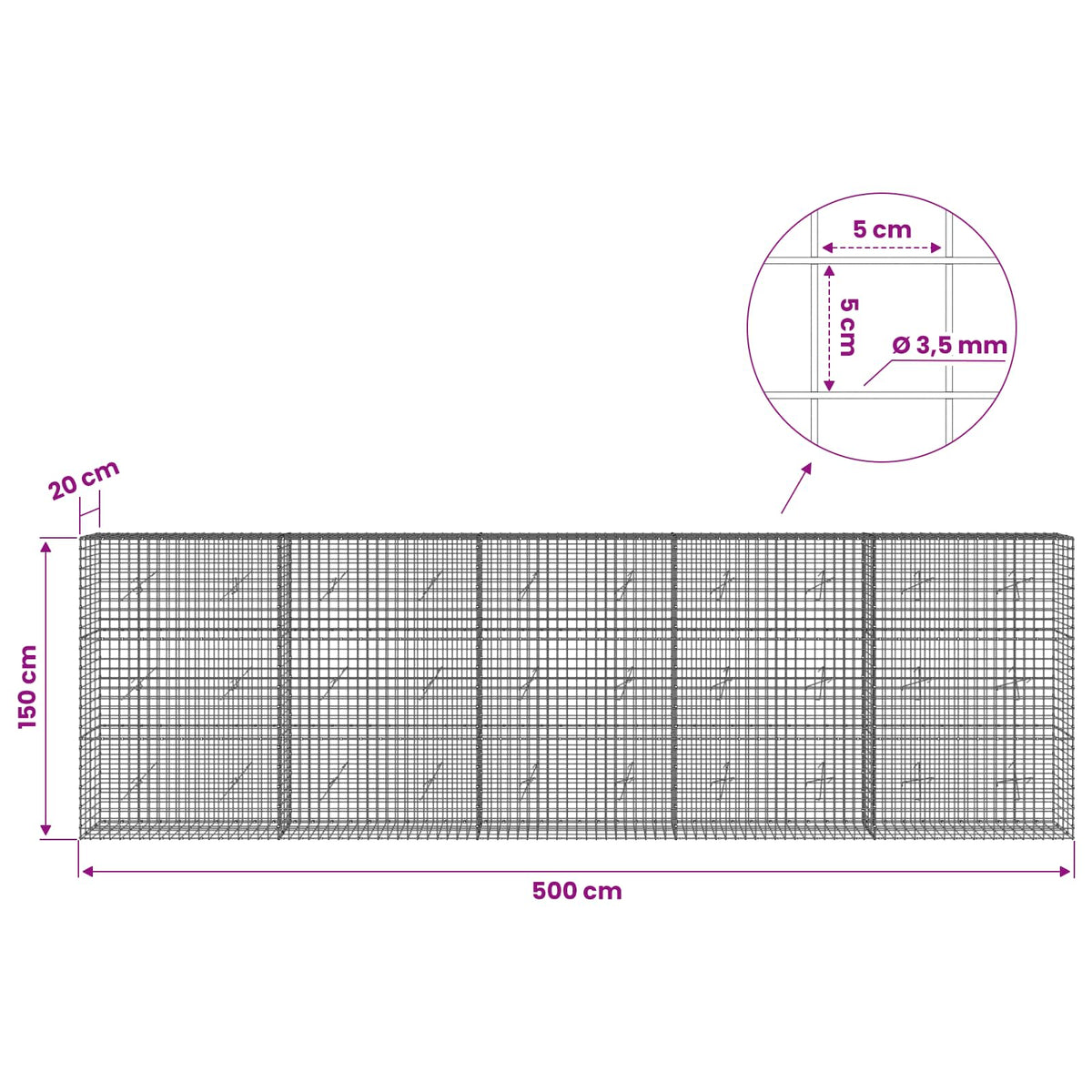 vidaXL Gabion with 3.5 mm Wire and 5x5 cm Mesh 500x20x150 cm 6