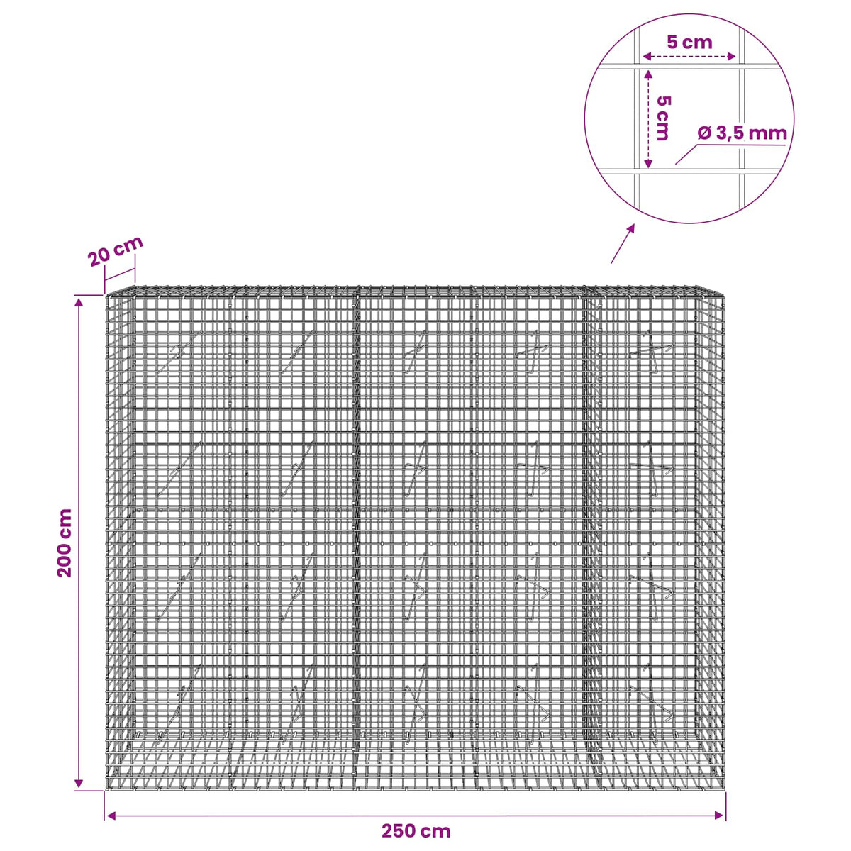 vidaXL Gabion with 3.5 mm Wire and 5x5 cm Mesh 250x20x200 cm 6