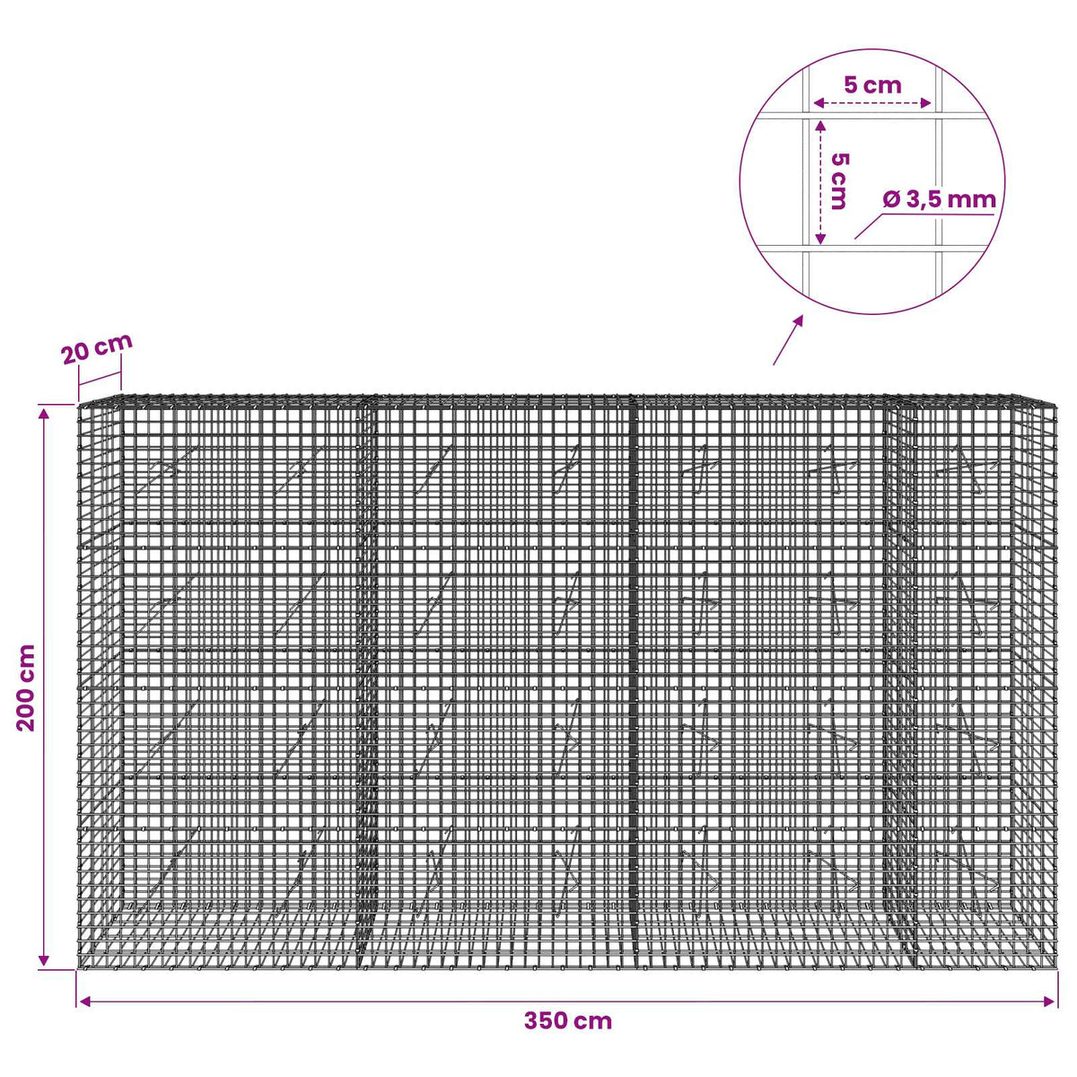 vidaXL Gabion with 3.5 mm Wire and 5x5 cm Mesh 350x20x200 cm 6
