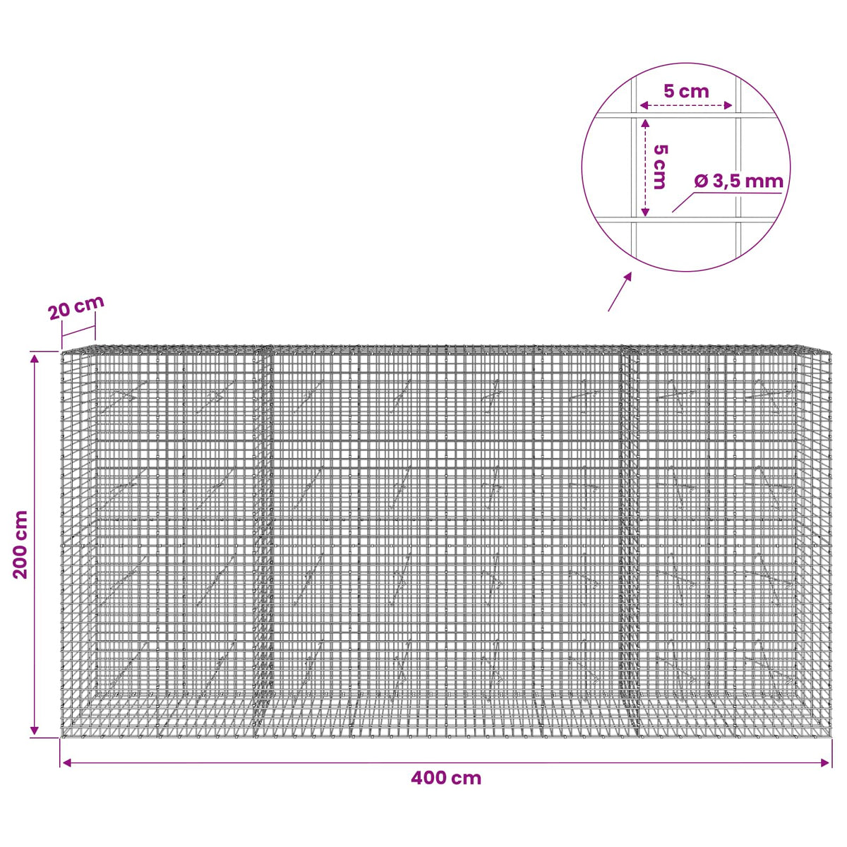 vidaXL Gabion with 3.5 mm Wire and 5x5 cm Mesh 400x20x200 cm 6