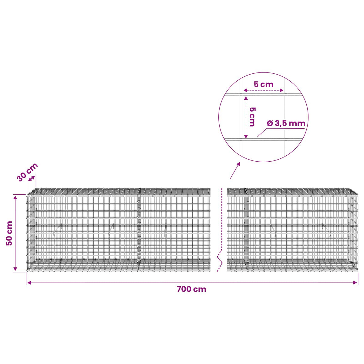 vidaXL Gabion with 3.5 mm Wire and 5x5 cm Mesh 700x30x50 cm 6