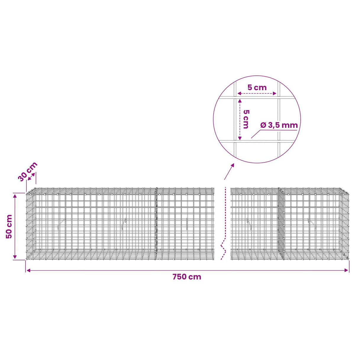 vidaXL Gabion with 3.5 mm Wire and 5x5 cm Mesh 750x30x50 cm 6