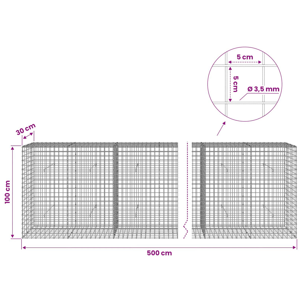 vidaXL Gabion with 3.5 mm Wire and 5x5 cm Mesh 500x30x100 cm 6