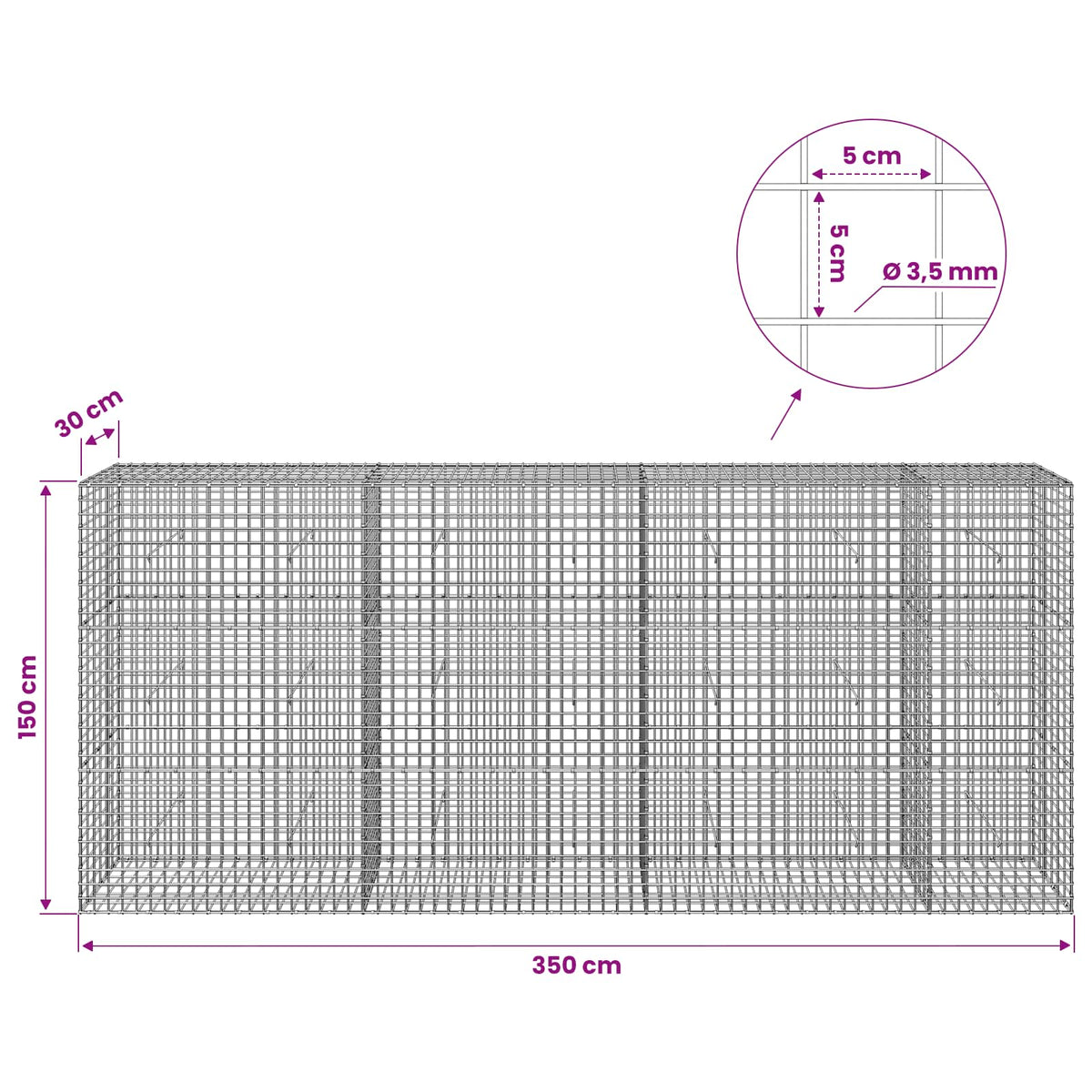 vidaXL Gabion with 3.5 mm Wire and 5x5 cm Mesh 350x30x150 cm 6