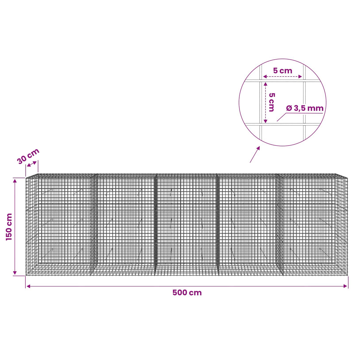 vidaXL Gabion with 3.5 mm Wire and 5x5 cm Mesh 500x30x150 cm 6