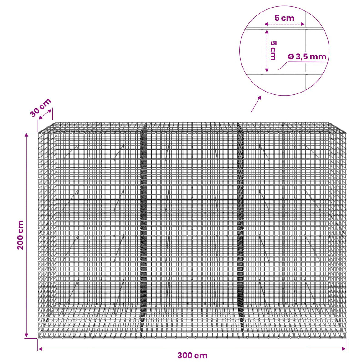 vidaXL Gabion with 3.5 mm Wire and 5x5 cm Mesh 300x30x200 cm 6