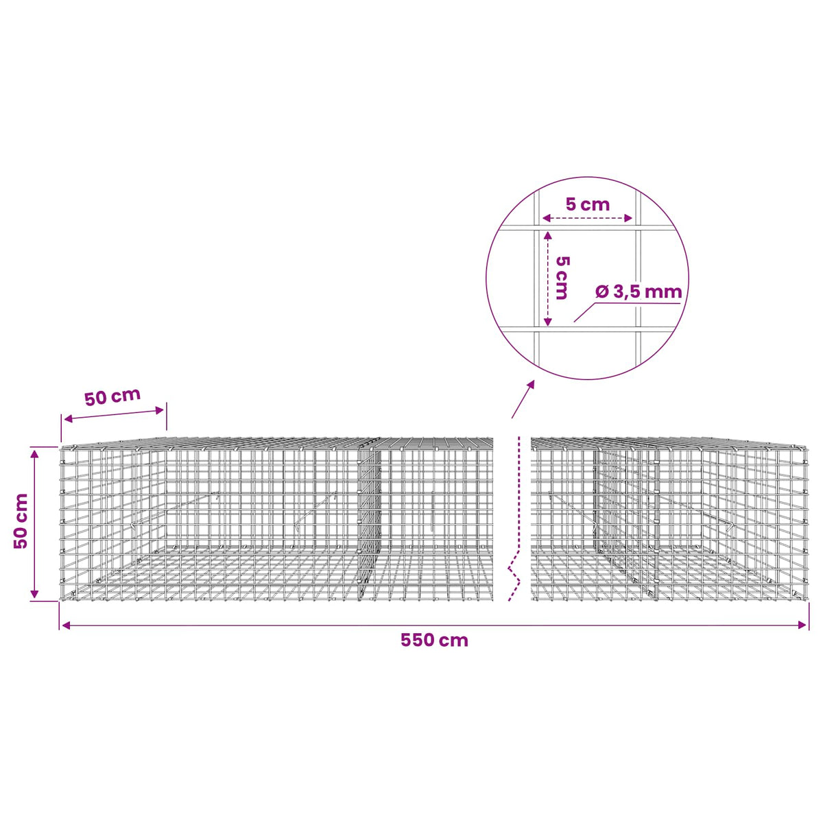 vidaXL Gabion with 3.5 mm Wire and 5x5 cm Mesh 550x50x50 cm 6