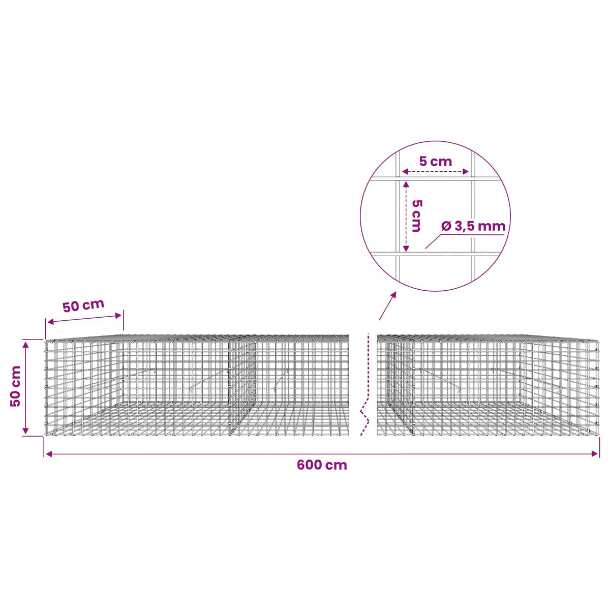 vidaXL Gabion with 3.5 mm Wire and 5x5 cm Mesh 600x50x50 cm 6
