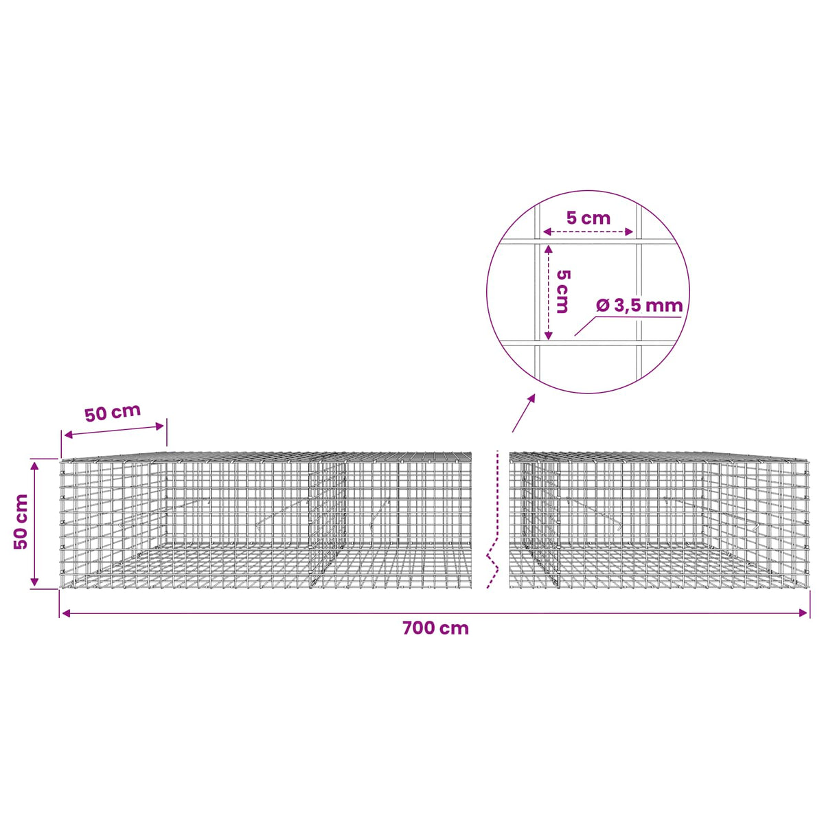 vidaXL Gabion with 3.5 mm Wire and 5x5 cm Mesh 700x50x50 cm 6