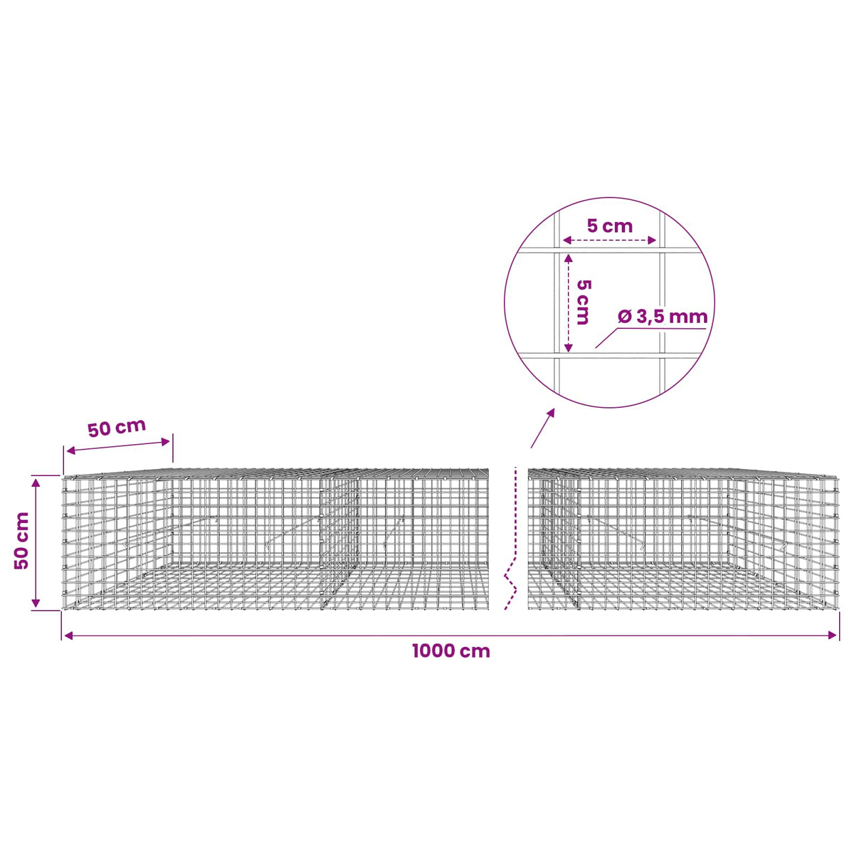 vidaXL Gabion with 3.5 mm Wire and 5x5 cm Mesh 1000x50x50 cm 6