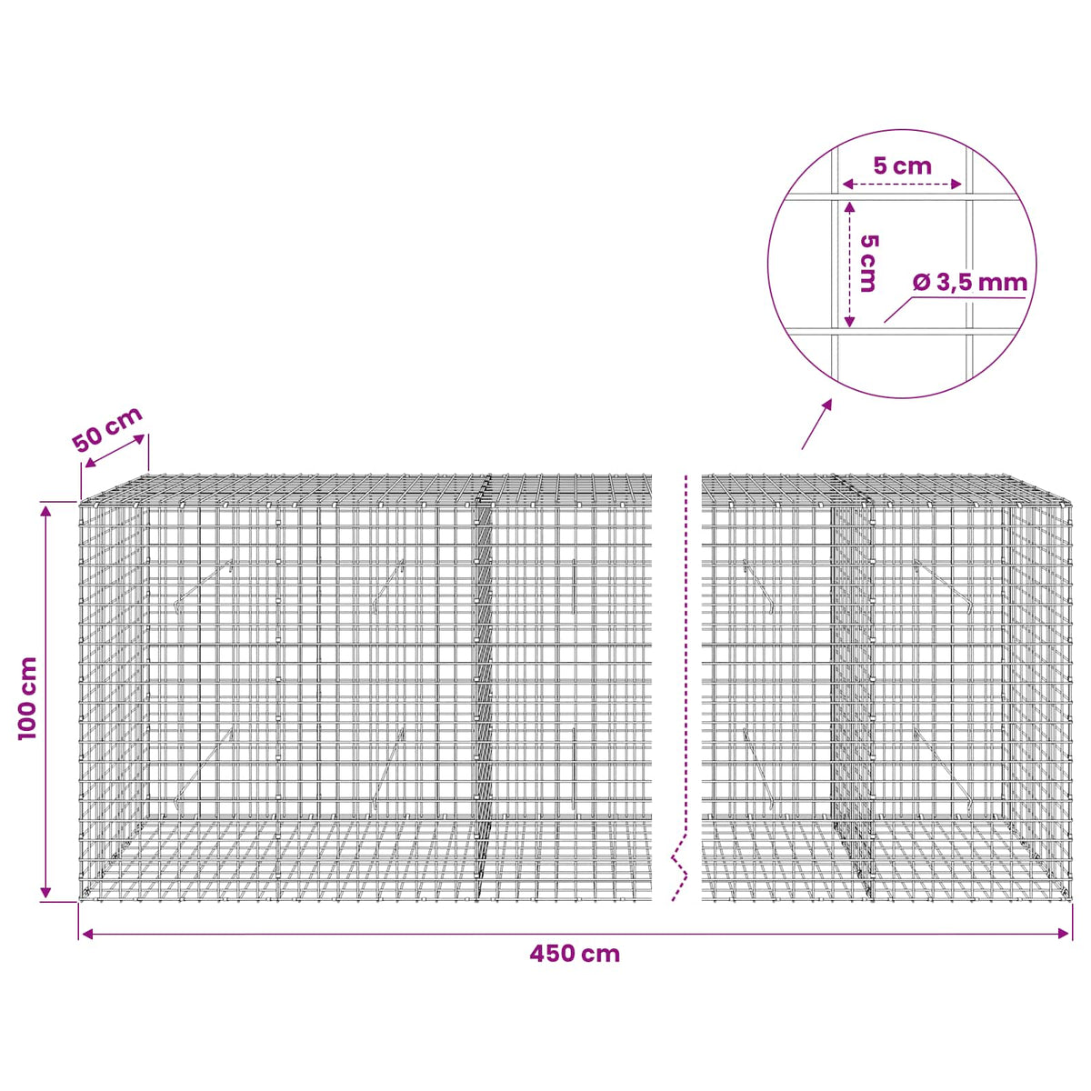 vidaXL Gabion with 3.5 mm Wire and 5x5 cm Mesh 450x50x100 cm 6